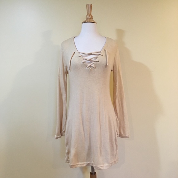 Lace Up V Neck Bell Sleeve Knit Sweater Dress Sand Beige - Picture 4 of 4